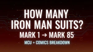Iron Man wearing different suits from MCU showing evolution from Mark 1 to Mark 85