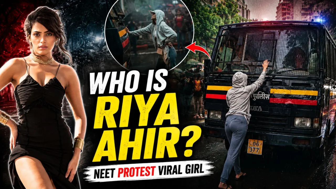 Riya Ahir standing in front of a Mumbai Police van during the NEET protest.